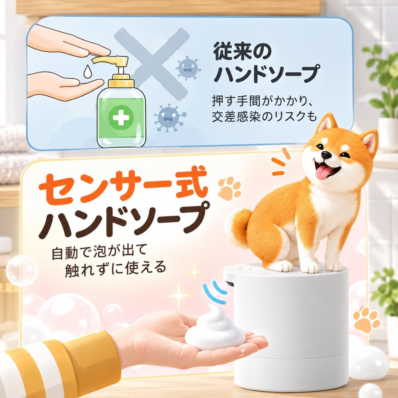 422.HANA 柴犬 自動泡ハンドソープディスペンサー｜センサー式 非接触