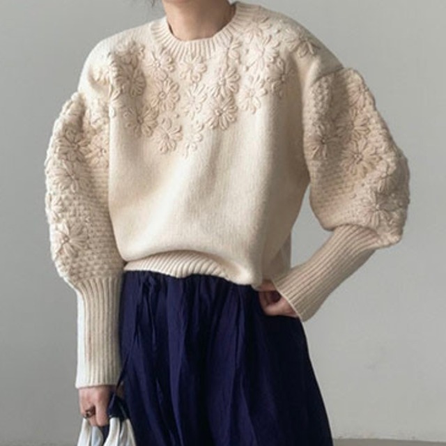 秋冬新作 プルオーバー セーター 韓国風 レディーストップス ニット ラウンドネック 刺繍