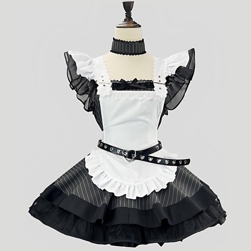 あざと可愛い給仕係 ─ 黒白メイドフリルワンピ&ペチコート・絶対領域ストッキングセット