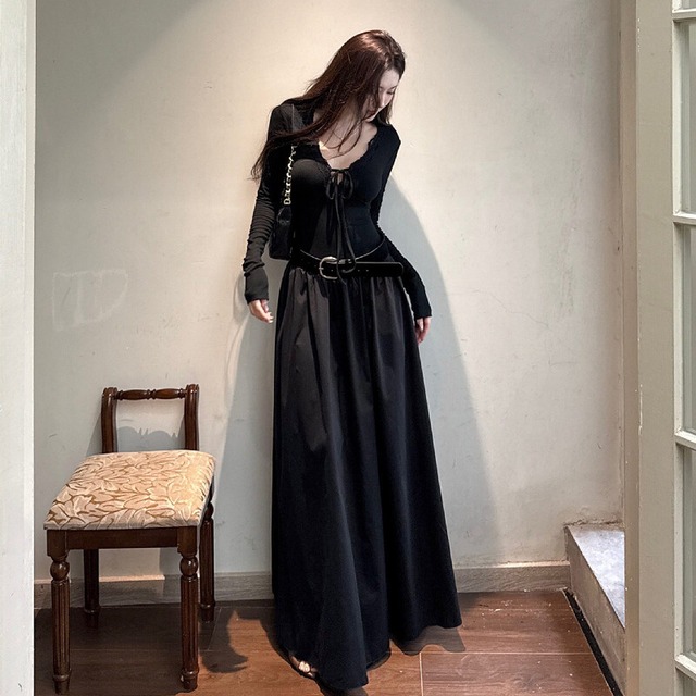 ロングワンピース リボン 長袖 レトロ カジュアル ブラック S M L