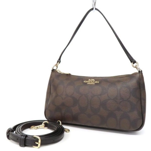 【美品】COACH コーチ トップハンドルポーチ 2WAY ハンドバッグ アクセサリーポーチ シグネチャー PVC×レザー ショルダーバッグ 茶×黒