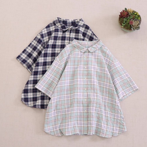 4色／レトロチェック柄ボタンブラウス ・8054