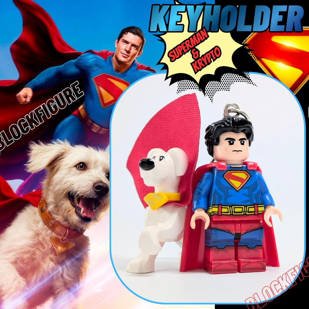 ★ブロックフィギュアキーホルダー★【 Superman 】『 スーパーマン&クリプト 』スーパーマン / スーパードッグ / DCコミックス〚アメリカン雑貨 アメトイ〛
