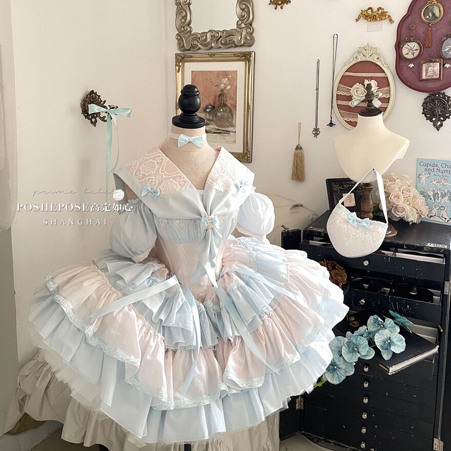 SEASONZ ジャンスカ ワンピース パフスリーブ セーラー襟 ハートバッグ