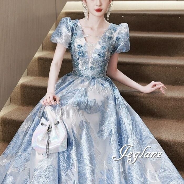 パーティ イブニングドレス 刺繍 モチーフ ビジュー 光沢感(M9031)ε