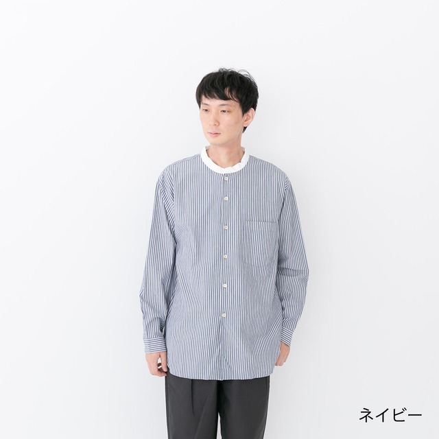 リネン RINEN オーガニックブロードストライプクレリックスタンドカラーシャツ(R37402)【レターパックプラス可】