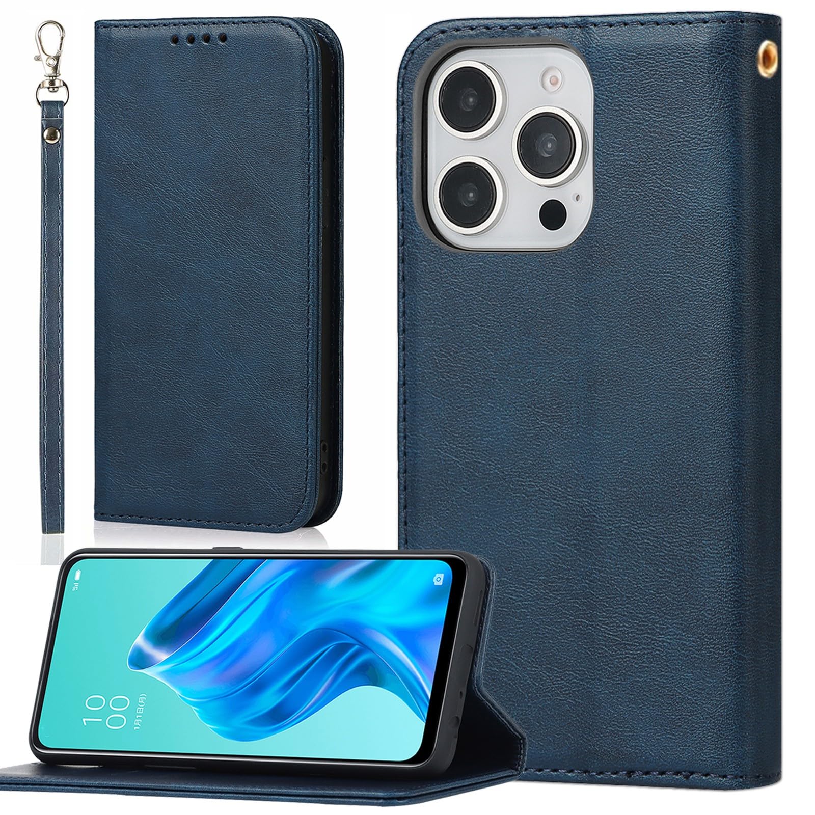 BonwFzin iPhone 16 pro 適用 ケース 手帳型 ストラップ PU レザー マグネット カード収納 アイフォン16プロ スマホケース 手帳 case ストラップホール付き スタンド 落ち着いた色 レトロ ネイビー