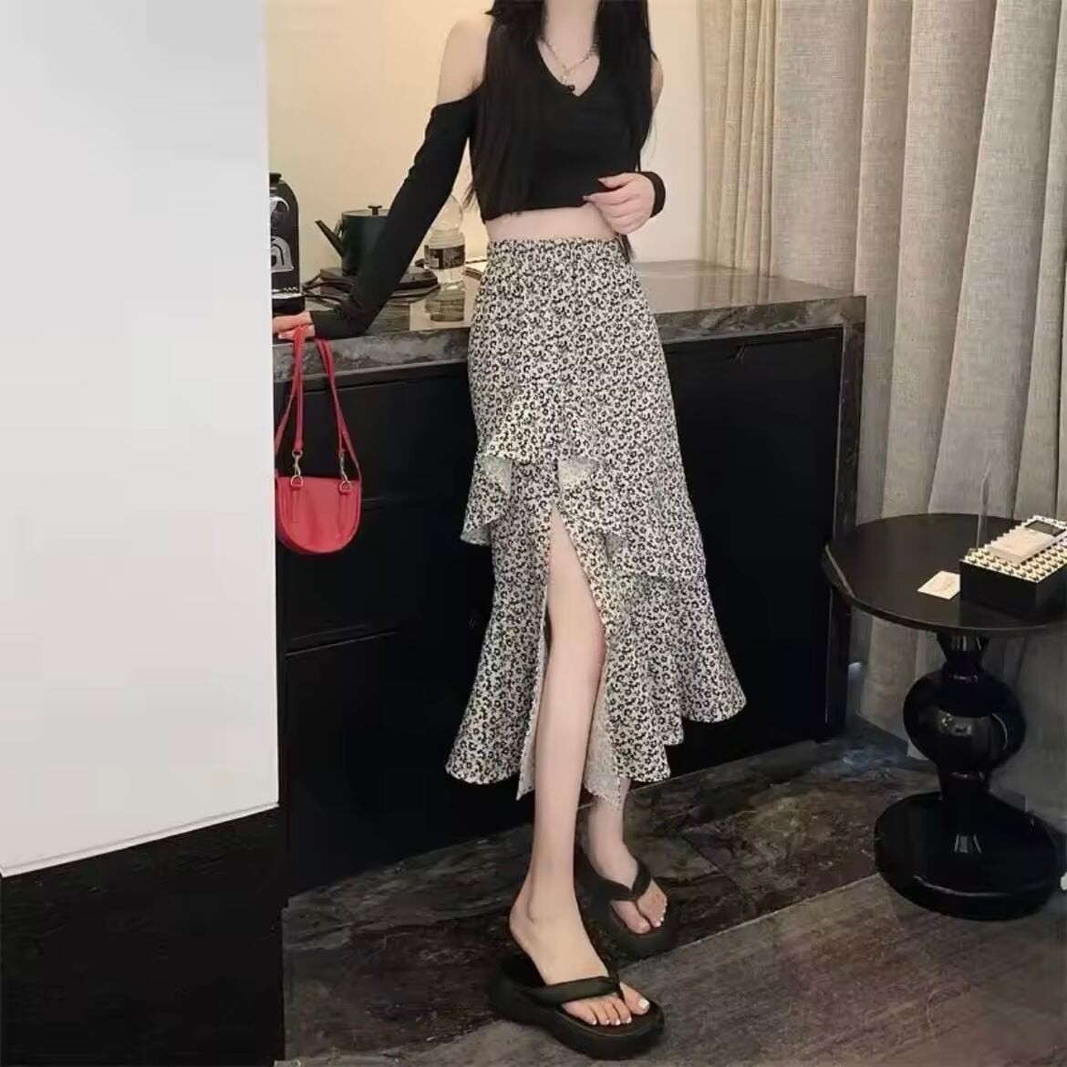 フリルフラワースリットスカート