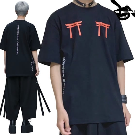 Tシャツ サブカル 病み可愛い 鳥居 漢字 地雷 地雷系 お経 原宿 黒