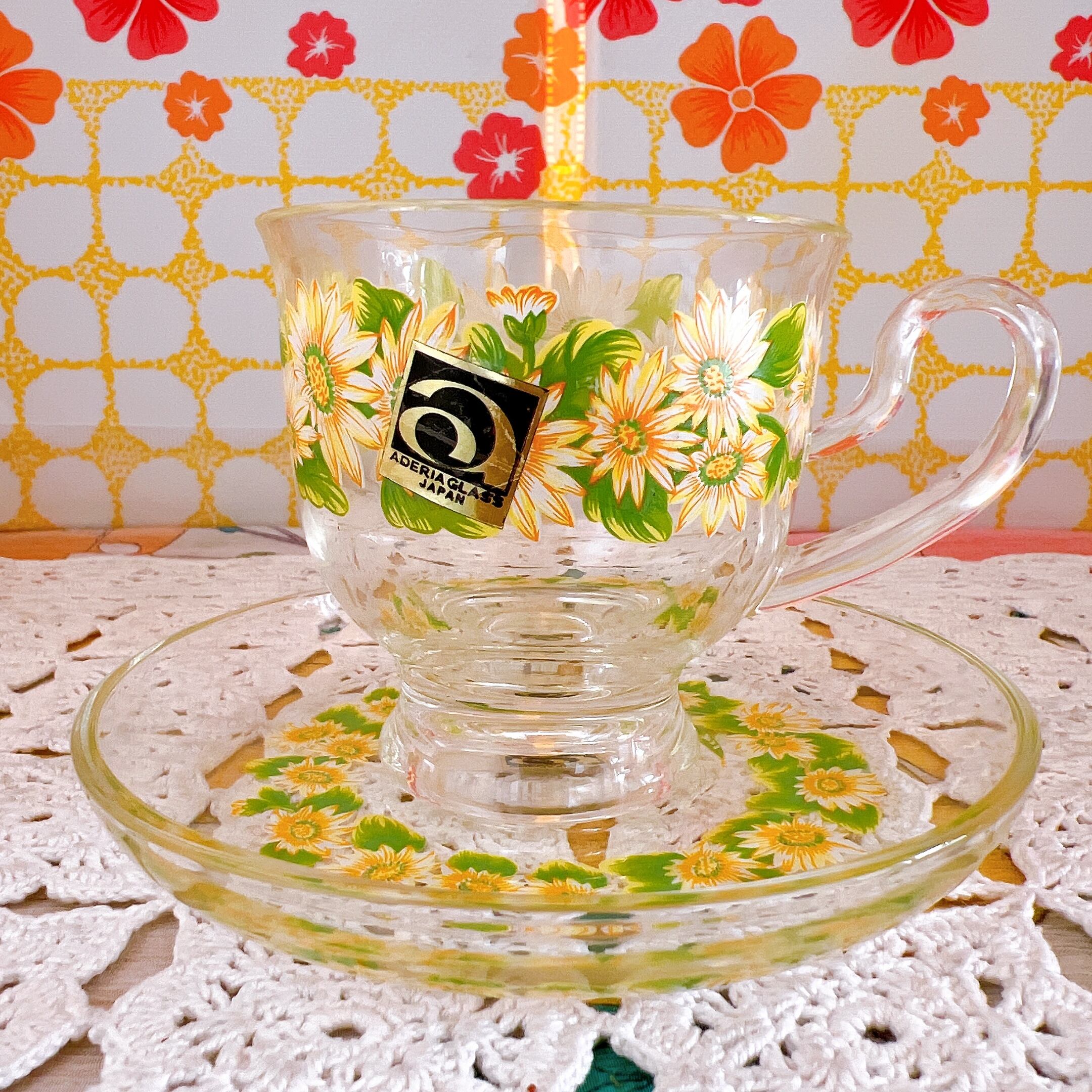 当時物 アデリア 昭和レトロ 花柄 琥珀色 カップ&ソーサー アンバー