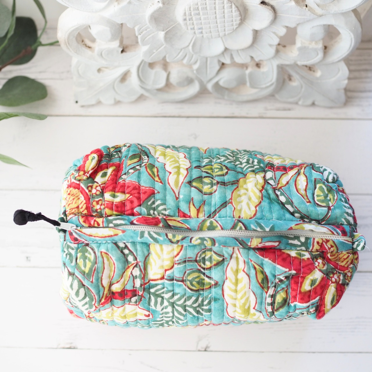 ブロックプリント ポーチ マチあり(M) GREEN