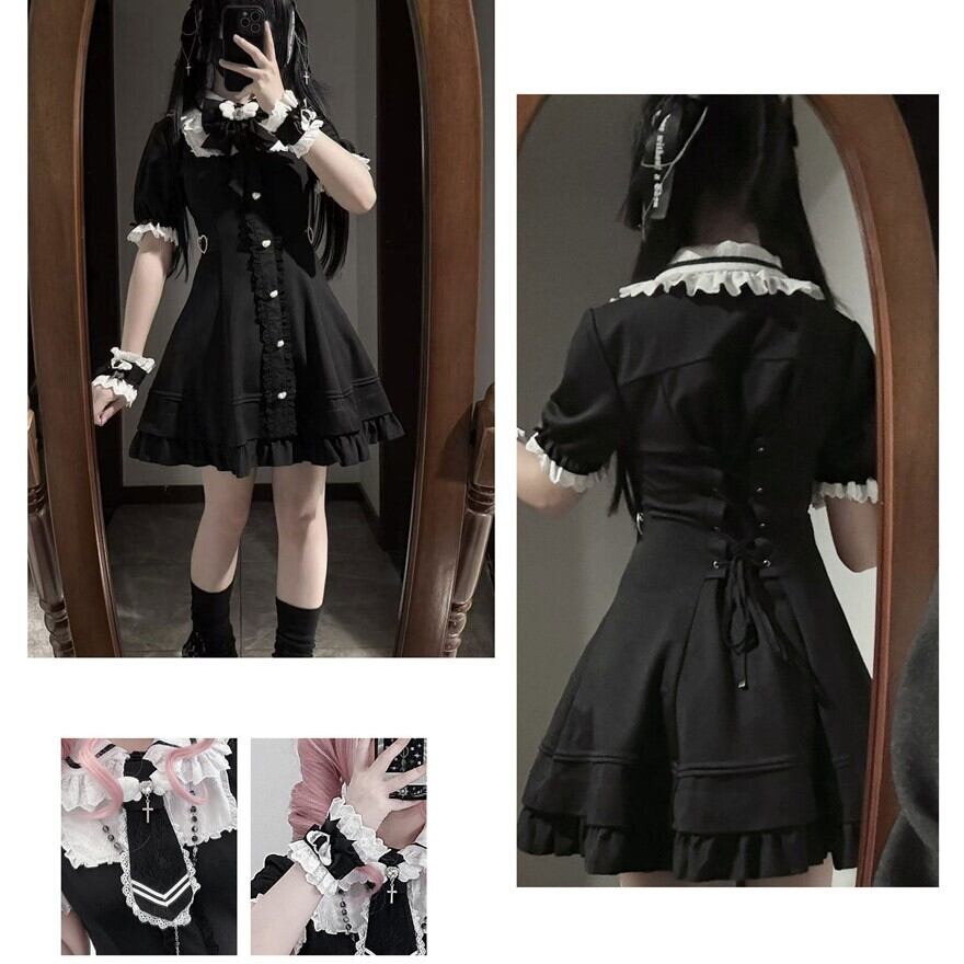 量産型軍服ロリータ｜セーラー襟フリルワンピース（ブラック×ホワイト