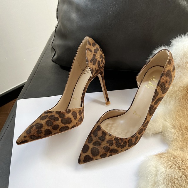シューズ パンプス 高さ2種 サイドオープン スエード ヒョウ柄 8CM/10CM