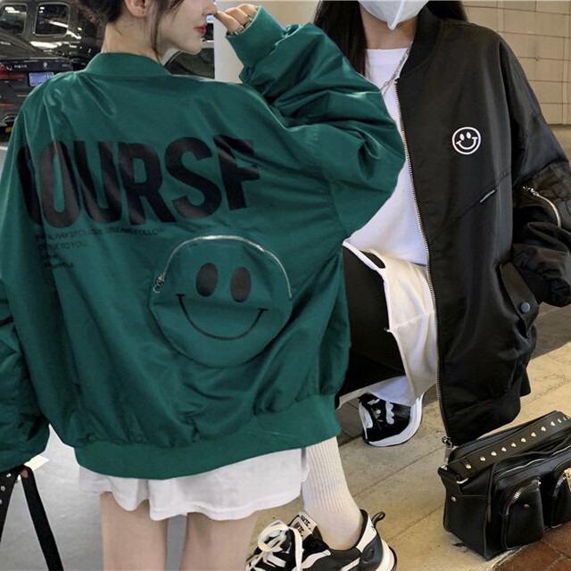 スタジャン スマイル ブルゾン ゆったり アウター 韓国ファッション レディース MA-1 ニコちゃん カジュアル ストリートファッション シンプル / Stadium Jacket Loose Street In Tide (DTC-653848718257)