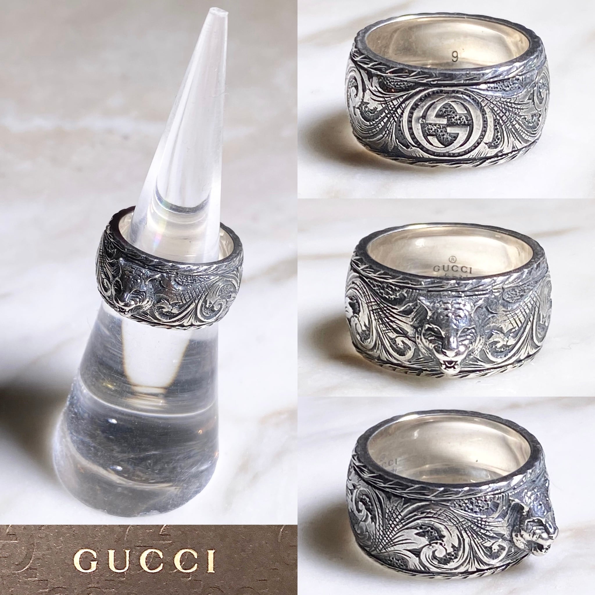 GUCCI arabesque engraved silver ring “cat head” | NOIR ONLINE