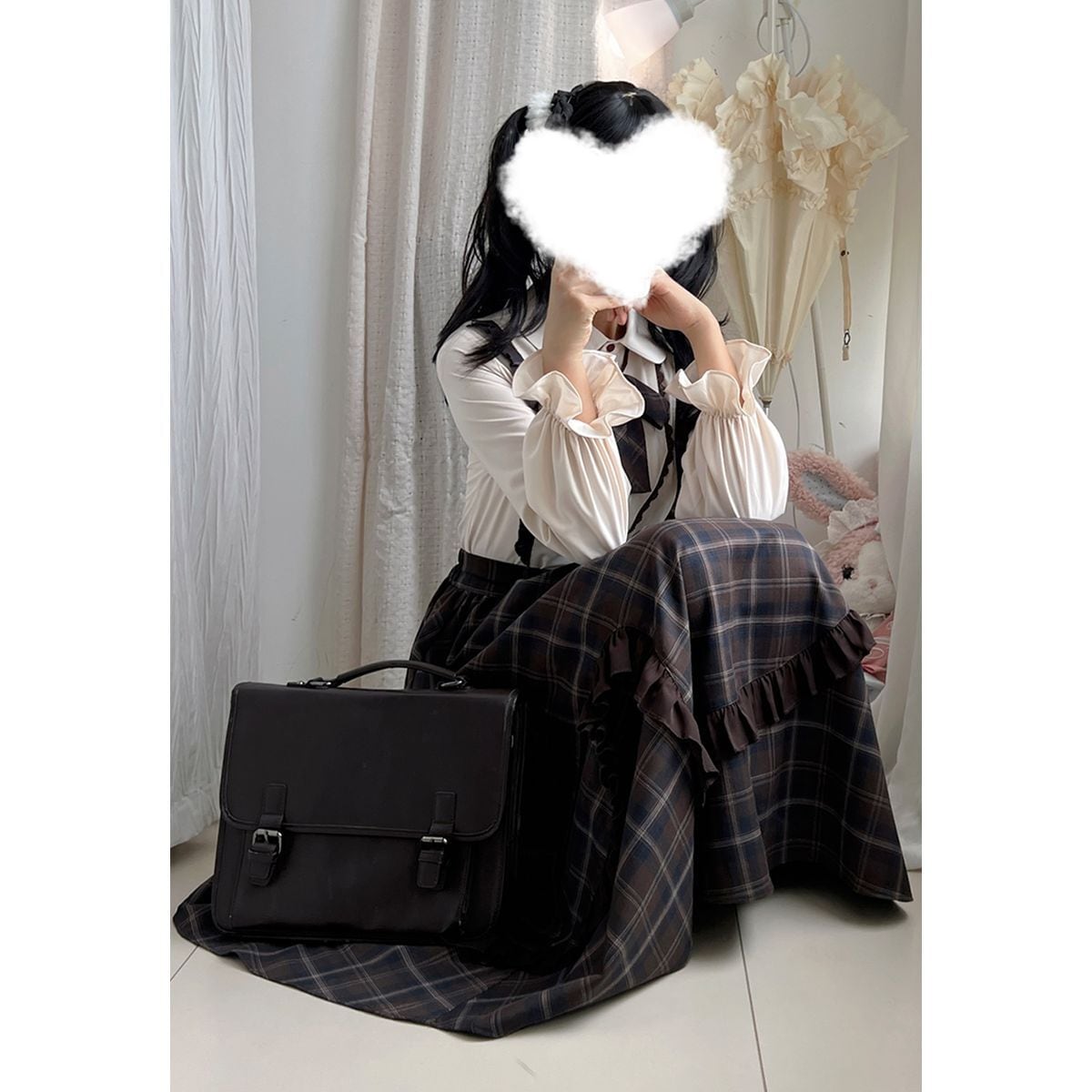 美品 KEITH チェック セットアップ チャイナ ノーカラー フリル スカート 美品 KEITH チェック セットアップ チャイナ ノーカラー フリル