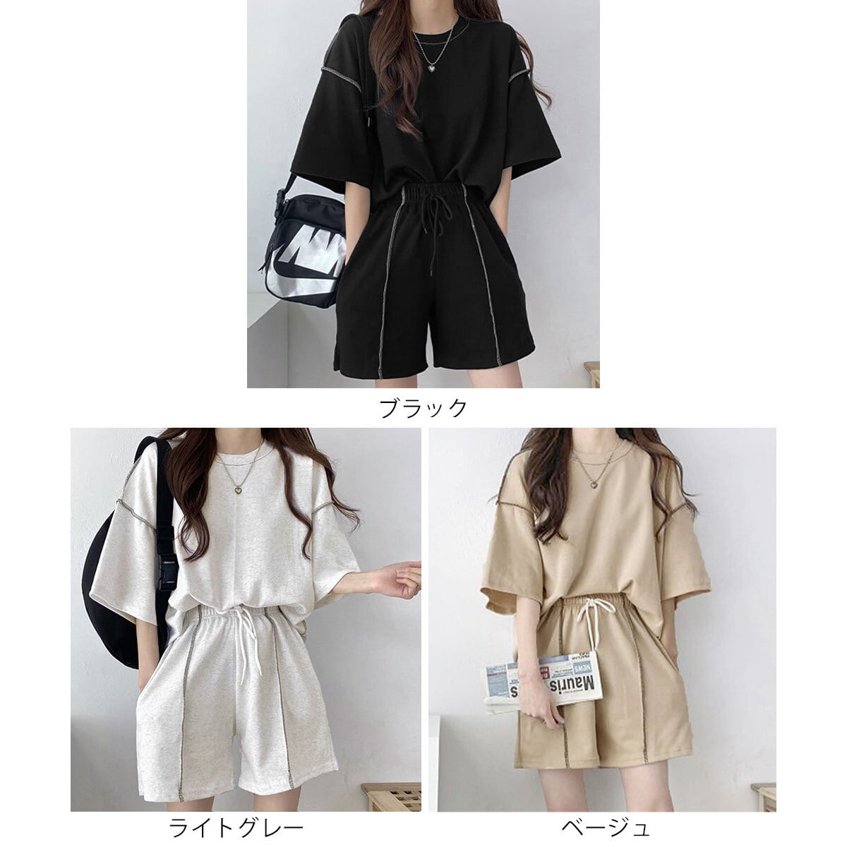 スウェット セットアップ Tシャツ ショートパンツ 2点セット レディース 春夏 韓国 ルームウェア 部屋着 大人 カジュアル ゆったり リラックス 体型カバー ハイウエスト ウエストゴム シンプル 大人可愛い 大人女子