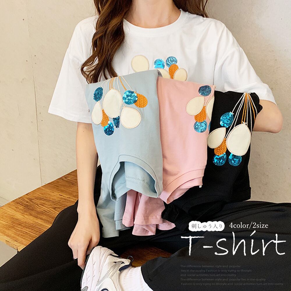 レディース 半袖 Tシャツ 刺繍 トップス 韓国 春 夏 おしゃれ カジュアル 風船 ペンギン かわいい 大人可愛い 大人 Ritz Chic