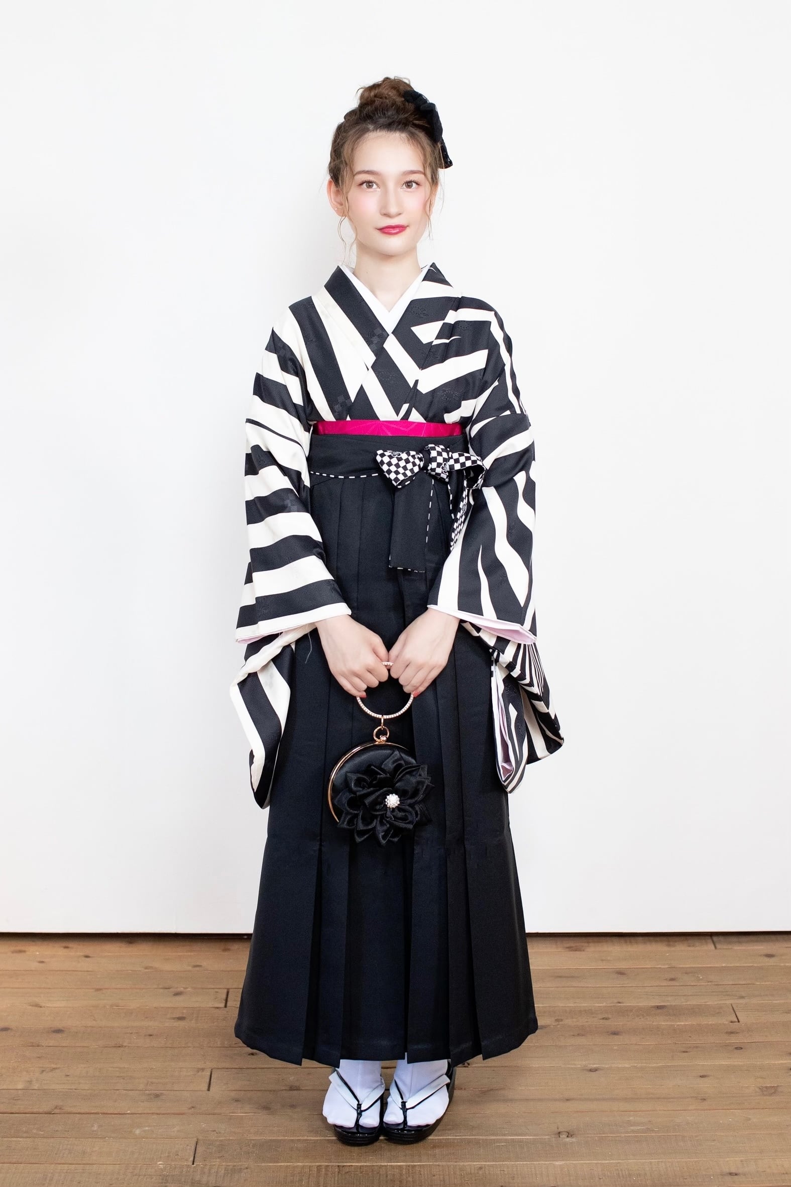 卒業式 袴 3点セット モノクロ 黒