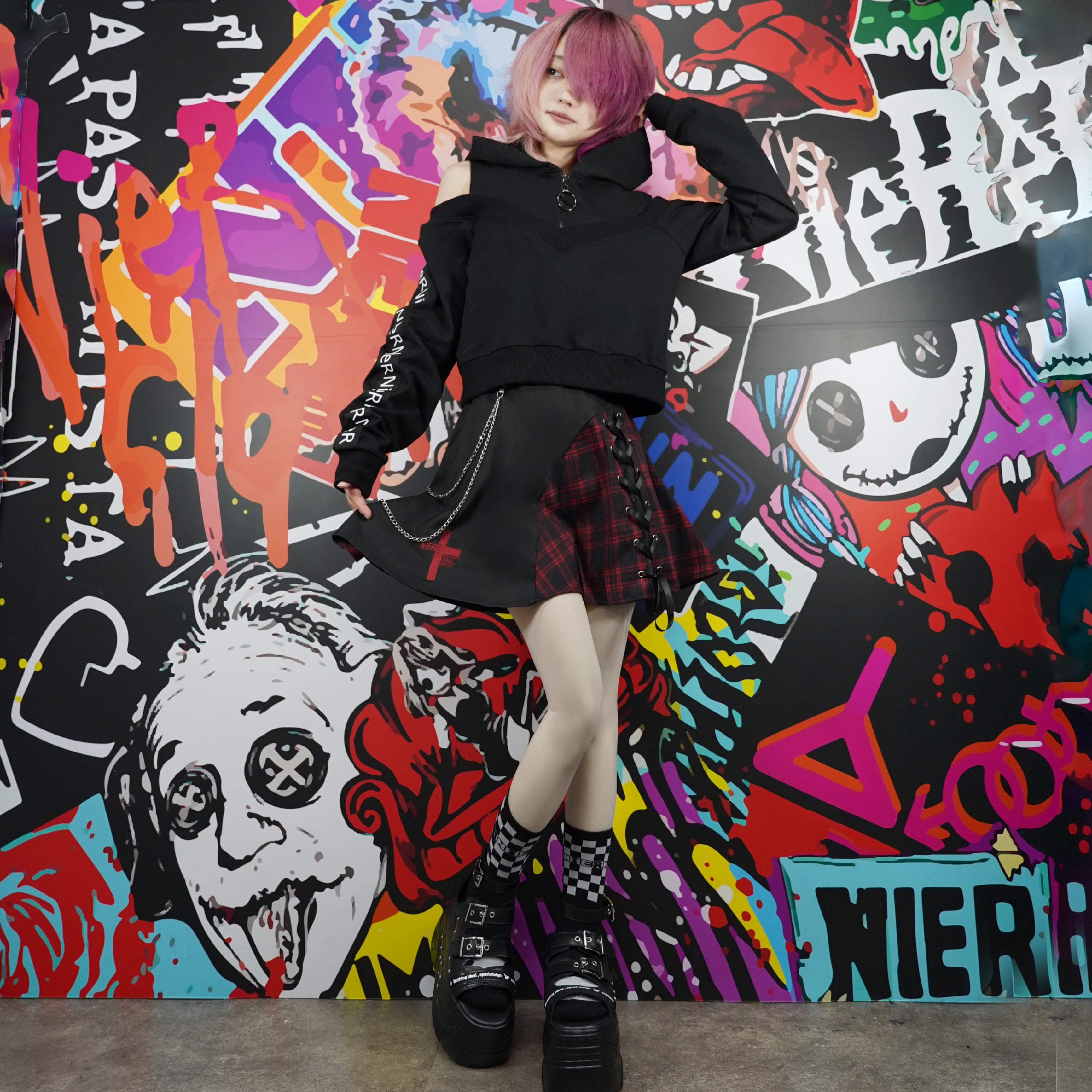 GOTHIC RED CHECKインパン付きスカート【取り外し可能チェーン付き