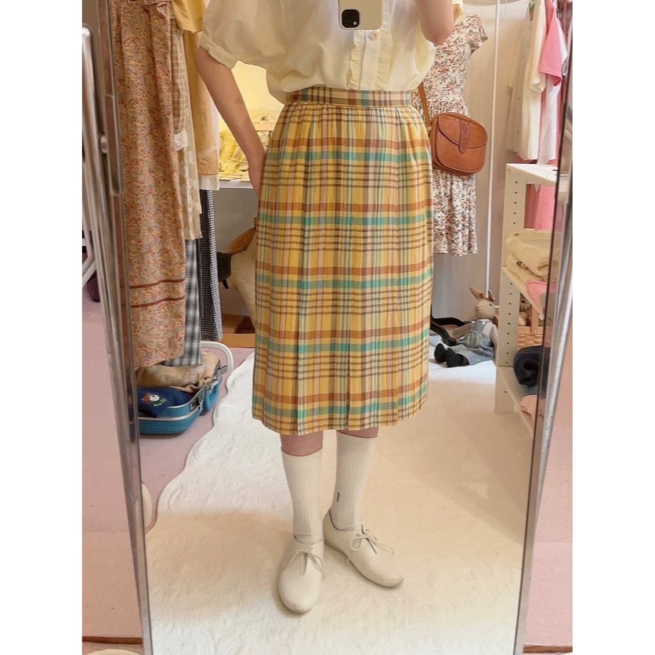 yellow green check semi skirt