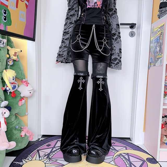 ゴスロリ通販 With U  ゴスロリ系 FANLOVE パンツ ベルボトム  ベルベット クロス 十字架 ハードガール パンク ストリート系 バンギャ Z世代 Y2K　