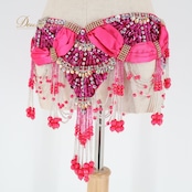 ベリーダンス オリエンタル 衣装 トップス ベルト セット ピンク系 ラインストーン スパンコール 豪華 装飾 華やか キラキラ ダンス衣装 イベント ステージ 鮮やか かわいい フリンジ