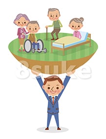 イラスト素材:高齢者を支えるビジネスマンのイメージ(ベクター・JPG)