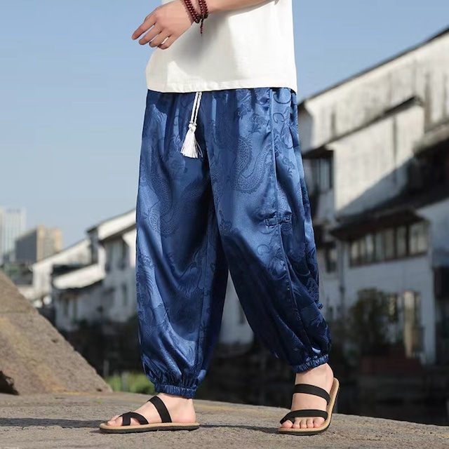 【之】★ズボン★ブラック ブルー ファスナー デザイン 中国ファッション 龍柄