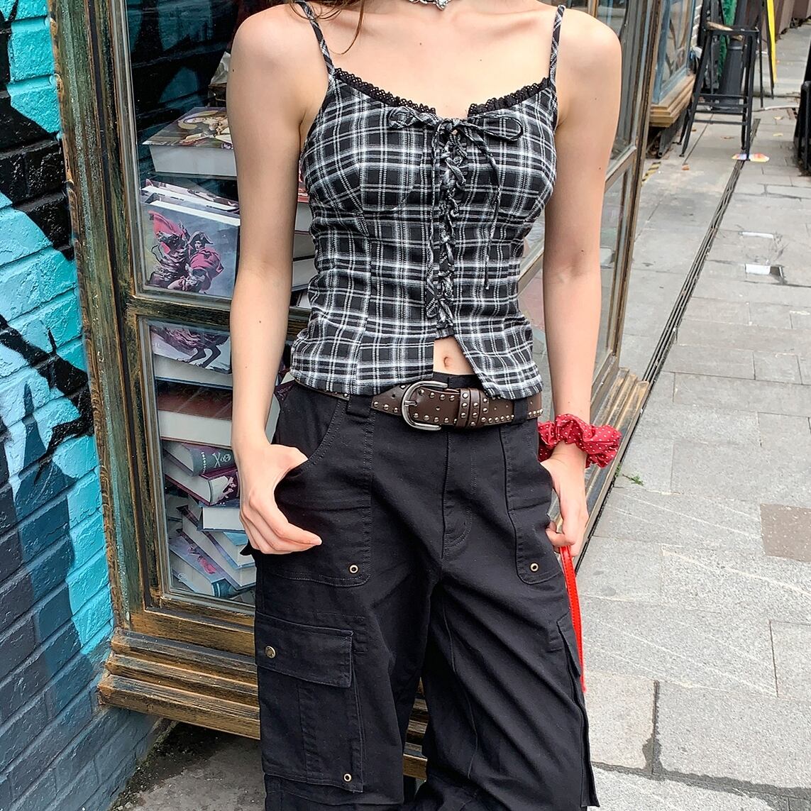 トップス キャミソール チェック柄 レース 袖あり レトロ バレエコア