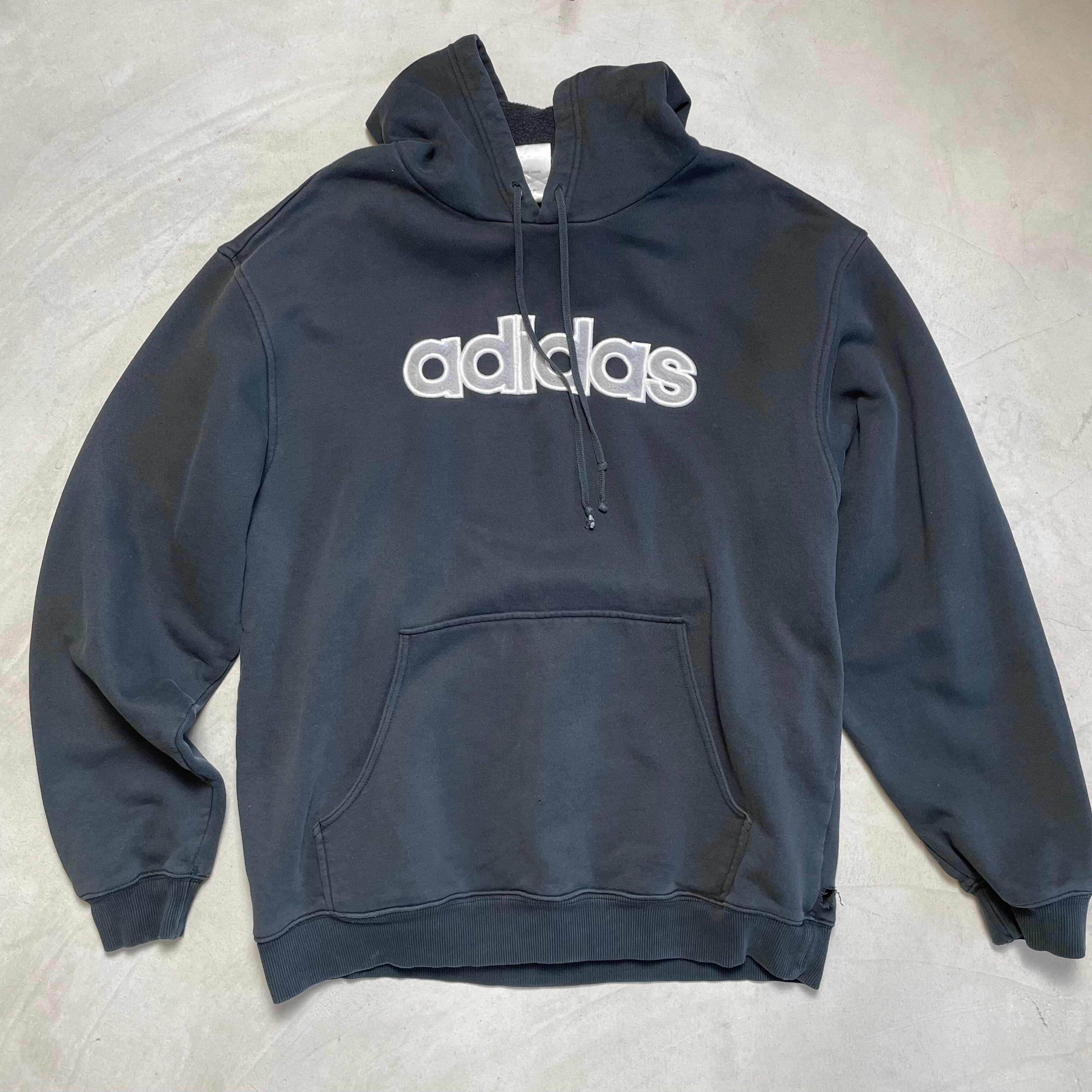 adidas アディダス ブランドロゴ プリント スウェットパーカー メンズL相当 古着 プルオーバーパーカー ブラック 黒【パーカー】