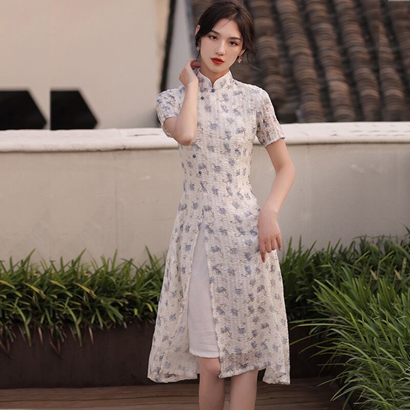 紅彩衣シリーズ チャイナドレス 花柄ワンピース スリット エレガント 結婚式 パーティー 普段着 Elegant