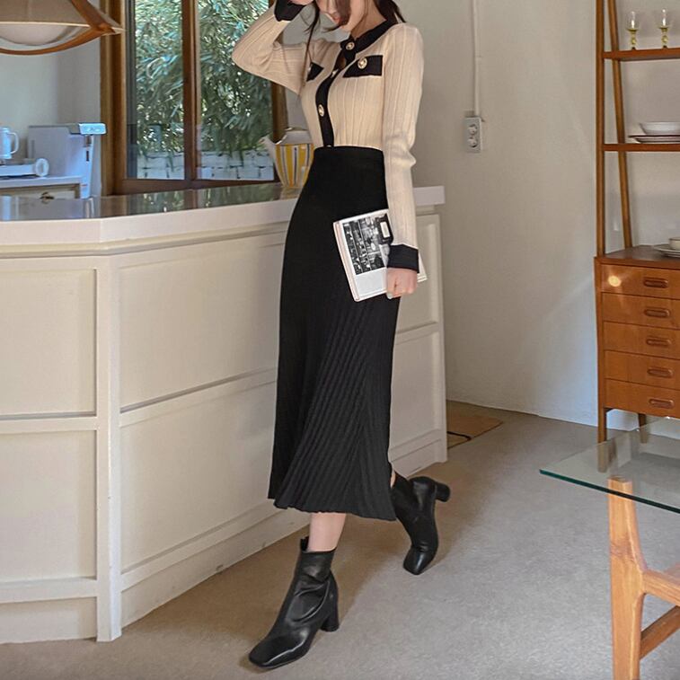 Set ニットカーディガン プリーツロングスカート 2color Linolala