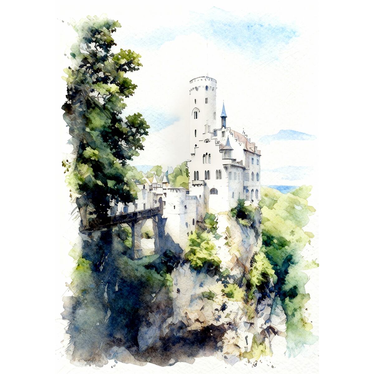 絵画 風景画(街並み) ドイツ リヒテンシュタイン城 インテリアアート額付き 水彩画・油絵風 WAT1038