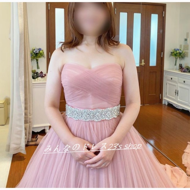 ピンク カラードレス ベアトップ ソフトチュール 結婚式ドレス 