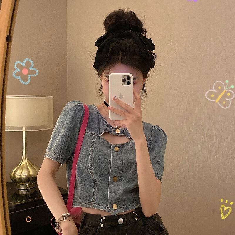 2020年新作夏デザインセンスニッチバブルスリーブショートシンデニムクロップド鎖骨半袖トップス 1号婦人9815782199