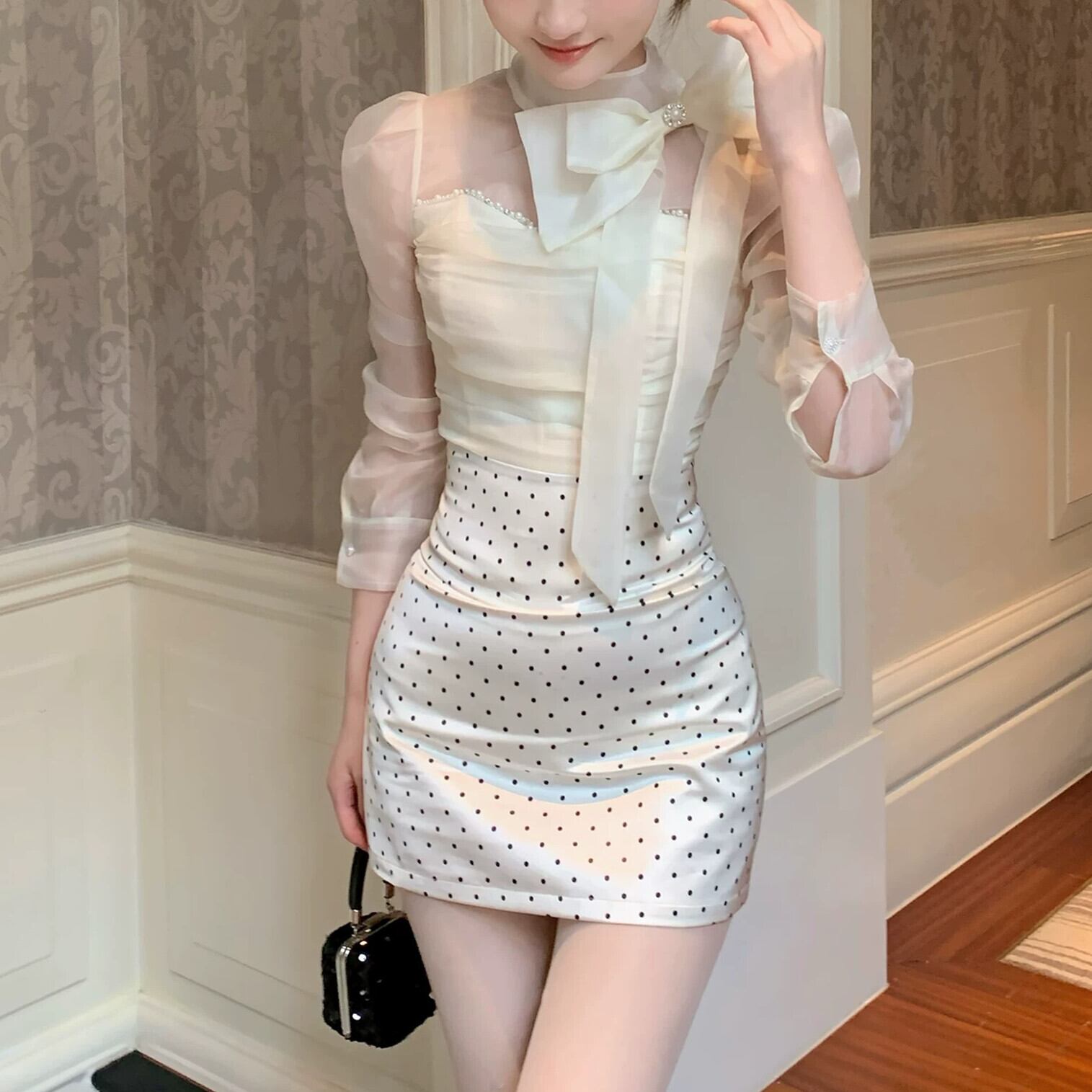 【set】リボンシアーブラウス×ドット柄ミニスカートセット N3383