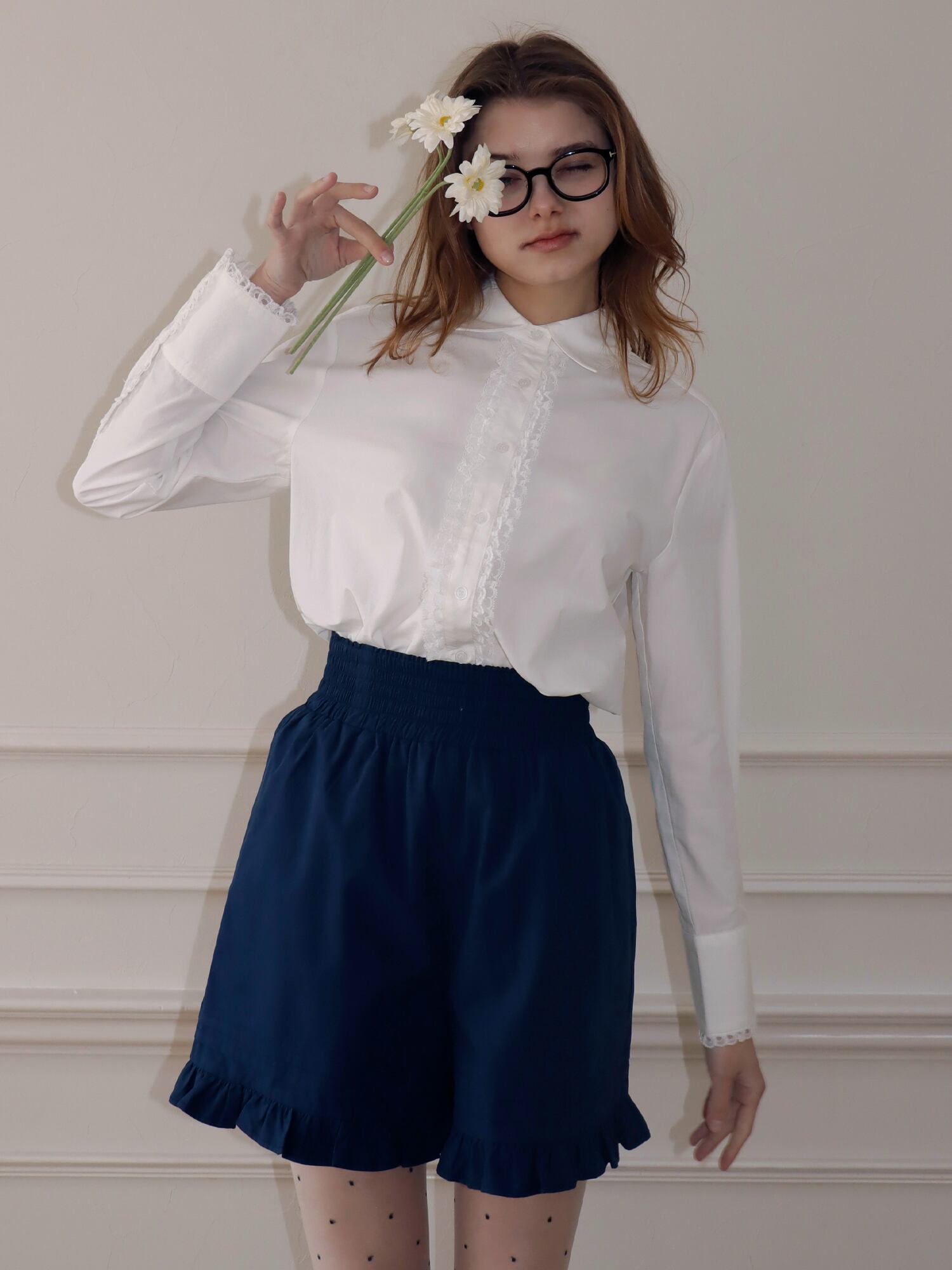 残りわずか】LACE TRIM SHIRTBLOUSE -WHITE- | mieya mieya