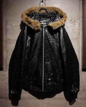 【Caka】“PELLE PELLE” Crocodile Pattern Vintage Hooded Leather Jacket