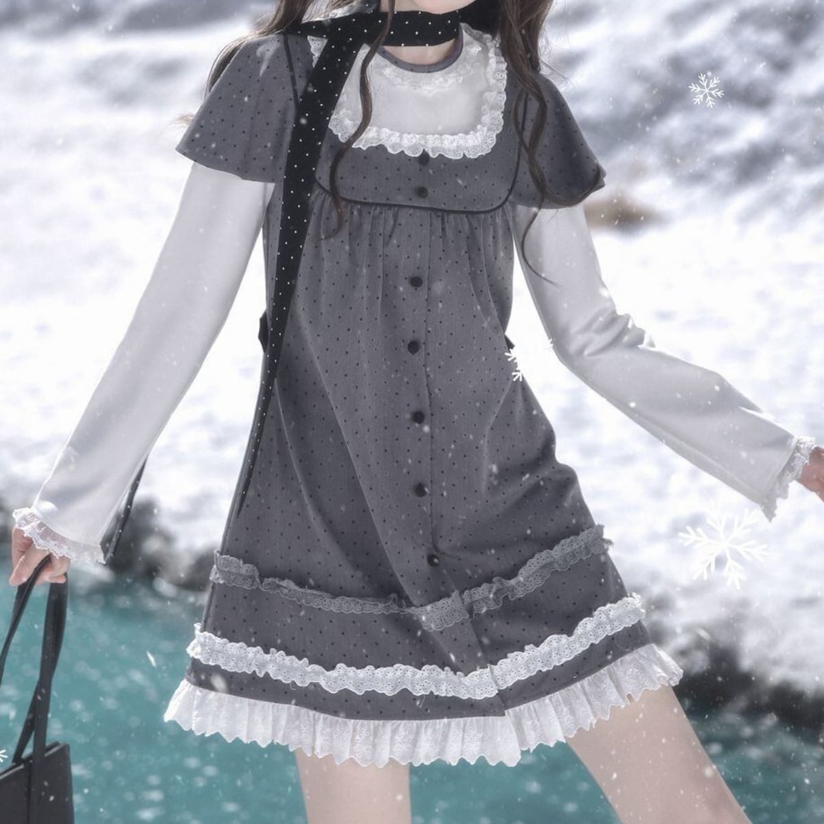 極美品✨Rene 襟付き ウエストリボン ひざ丈ワンピース フリル グレー36M グレードットガーリーワンピース：ワンピース | Maiden's Rêve