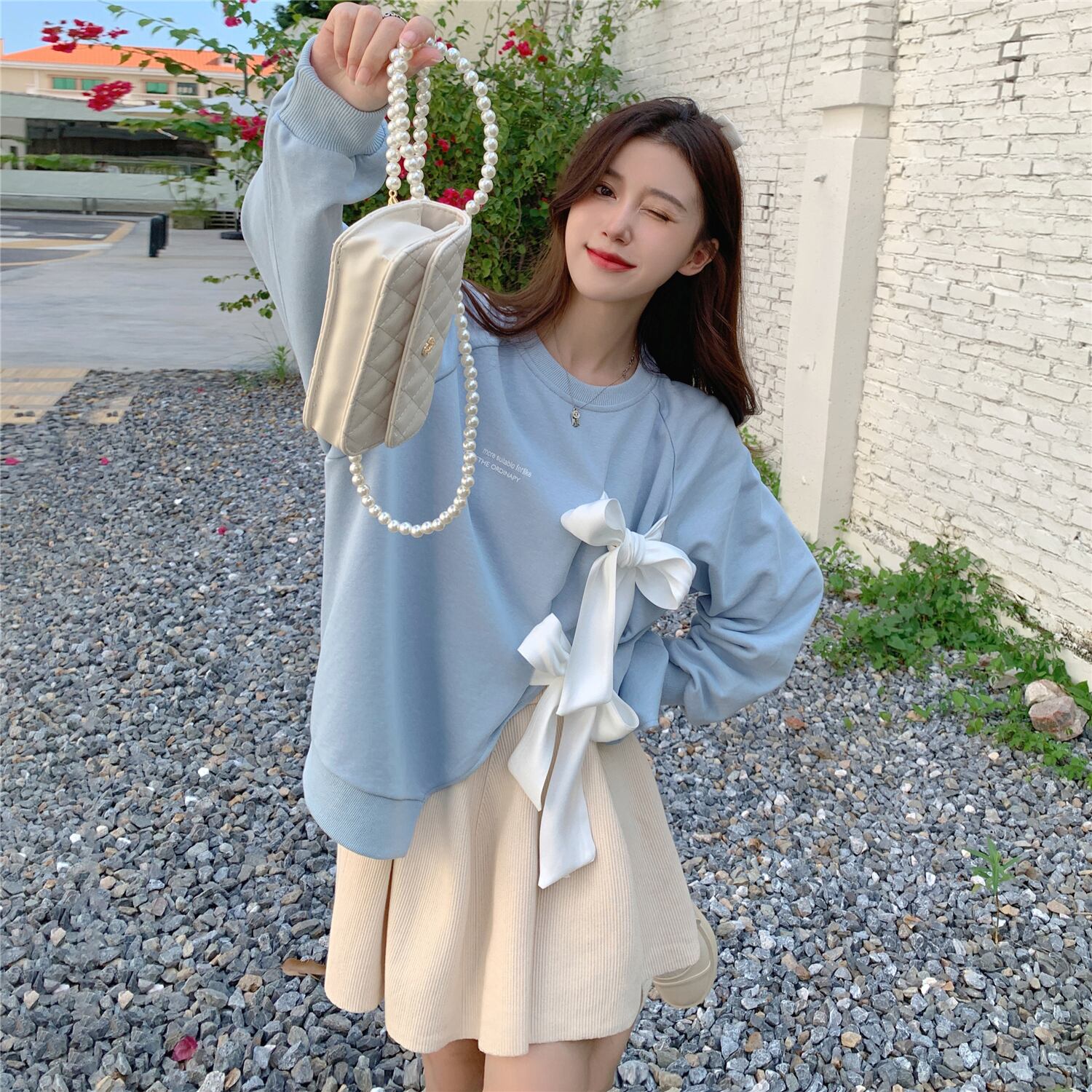 オータムリボンプルオーバー セーター レディースシャツ ロング 大人ガーリー スウィート キュート カジュアル 秋物 ドラファッションホール23070891049