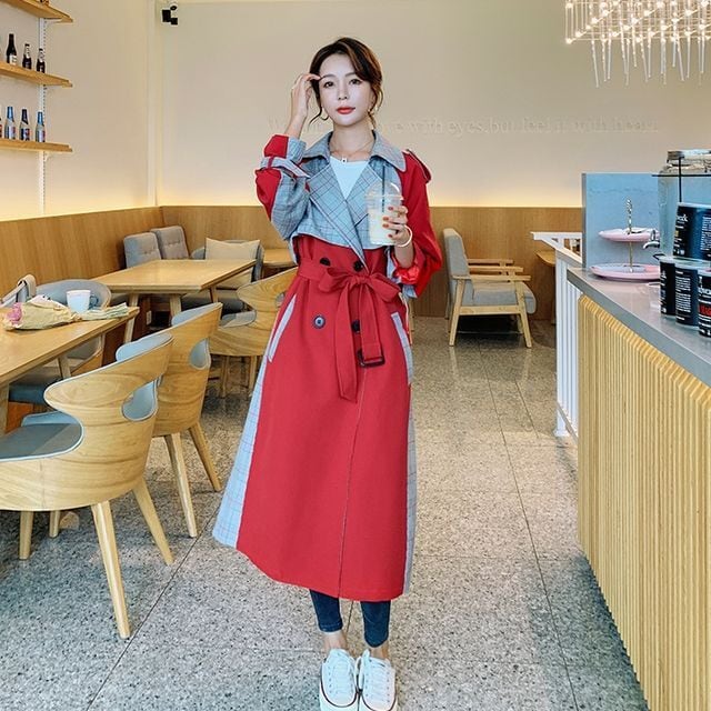 予約販売】トレンチコート レディース 異素材 チェック柄 バイカラー