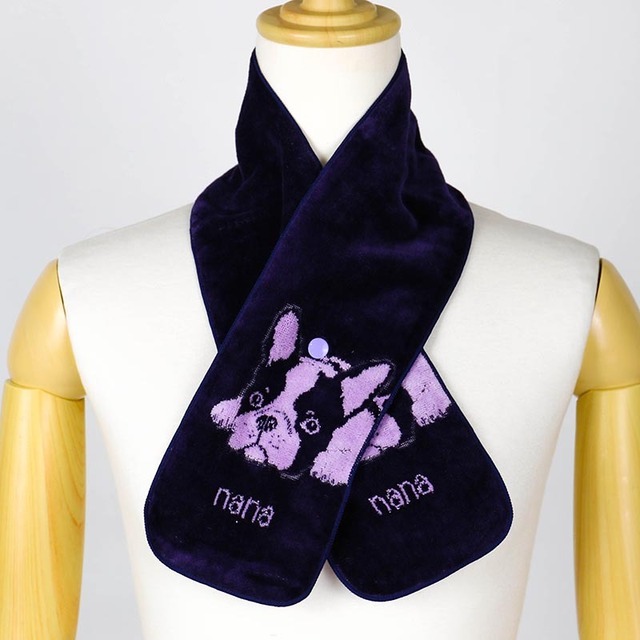 マフラー　横浜ナナ　湘南ナナ　 NANA　ボタン付きナロータオルマフラー　フレンチブルドック　紺ラベンダー　nn-tmf3-F