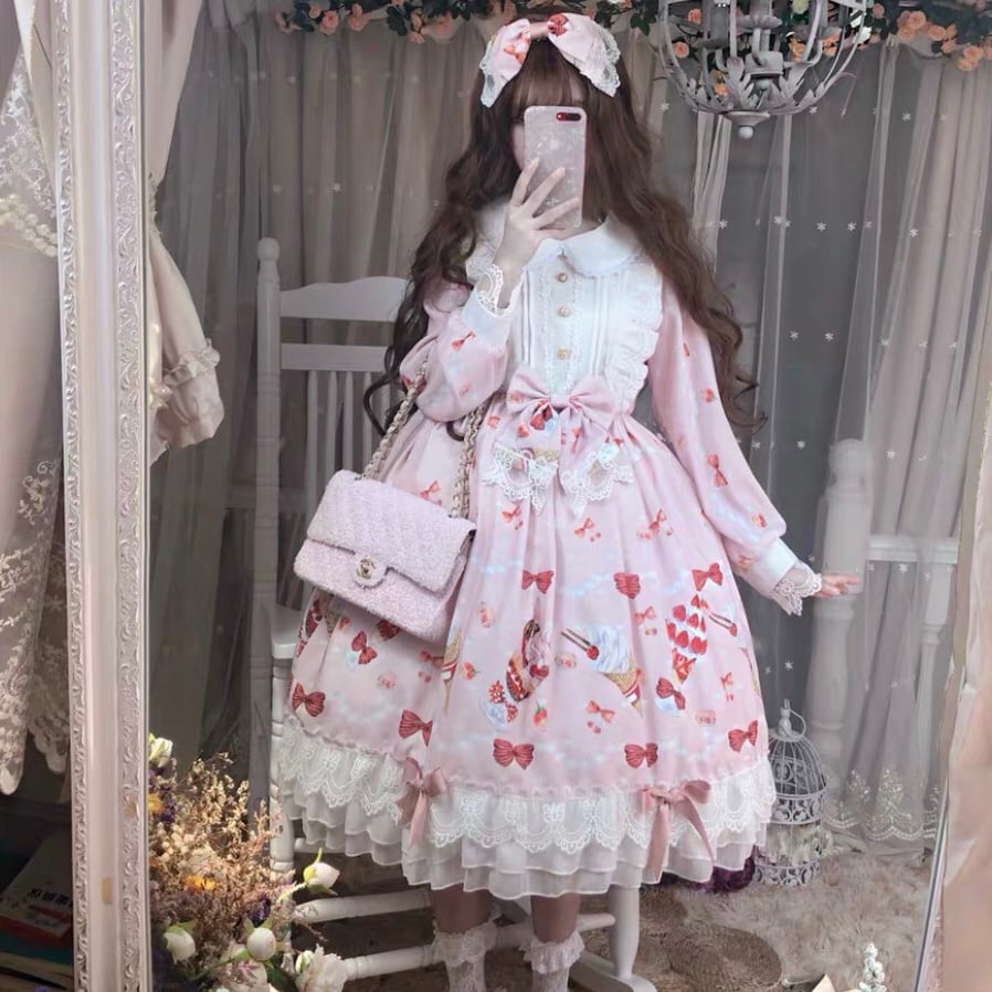 イチゴのデザート OP 長袖ワンピース ロリータ ピンクのレース イチゴのデザート OP 長袖ワンピース ロリータ ピンクのレース