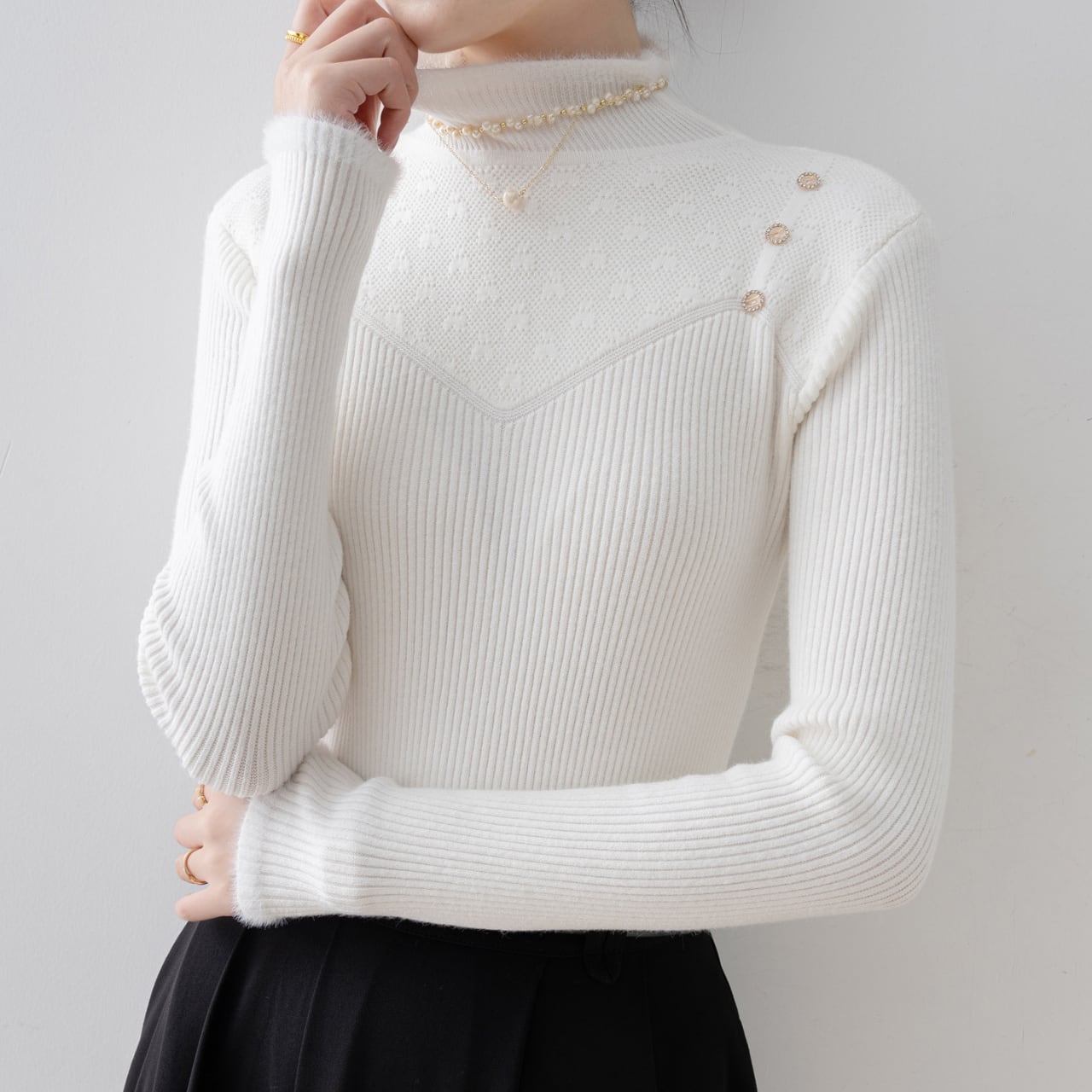 Vネックデザインリブニットトップス Me1626