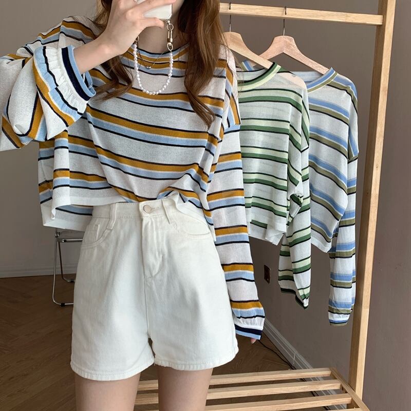 ストライプサマースタイルカジュアルシャツ ニットトップス ロング 夏物 YY-ファッション91003457314