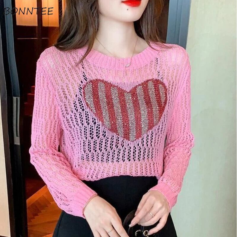 【新作】【送料無料】 中空プルオーバー女性ハートデザインホットスイート夏薄型通気性日焼け防止カジュアルオールマッチ韓国スタイルの女性のファッション 0236212409099