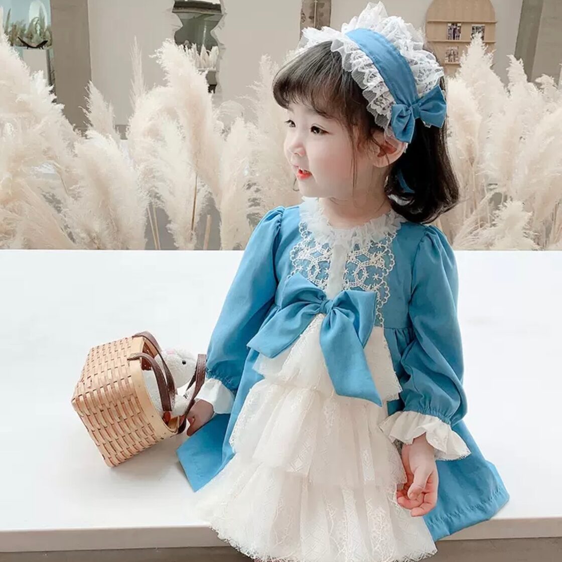 2色 子供服 80〜130 ティアードドレス 長袖 レース フリル ワンピース 