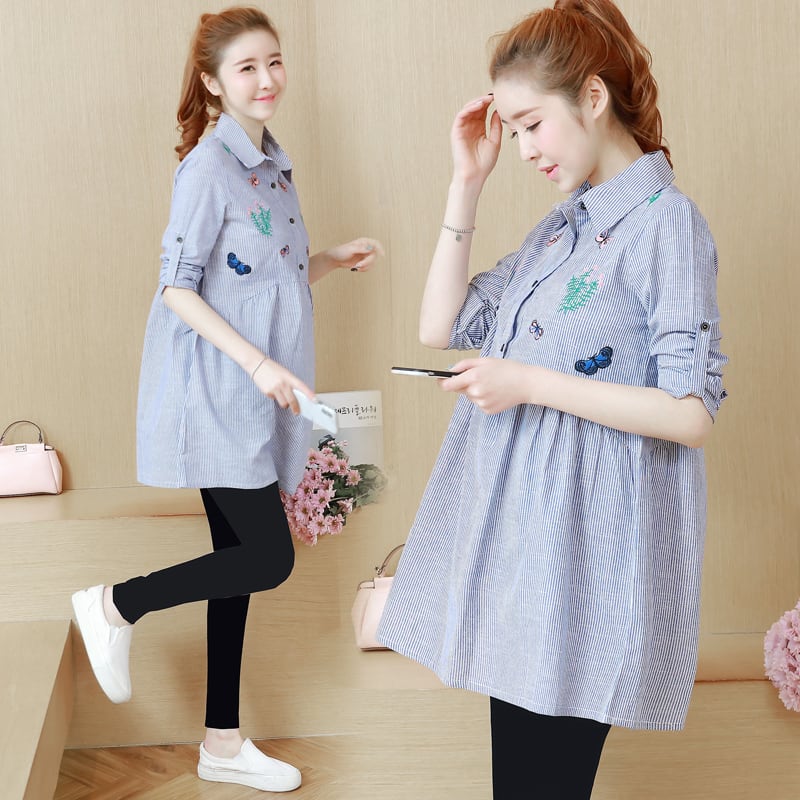 【新作】【送料無料】 マタニティ服は襟のシャツドレスを断る春秋服妊娠中の女性ストライプ妊娠服 スプリング 春物 オータム 秋物 AL expec384357214572