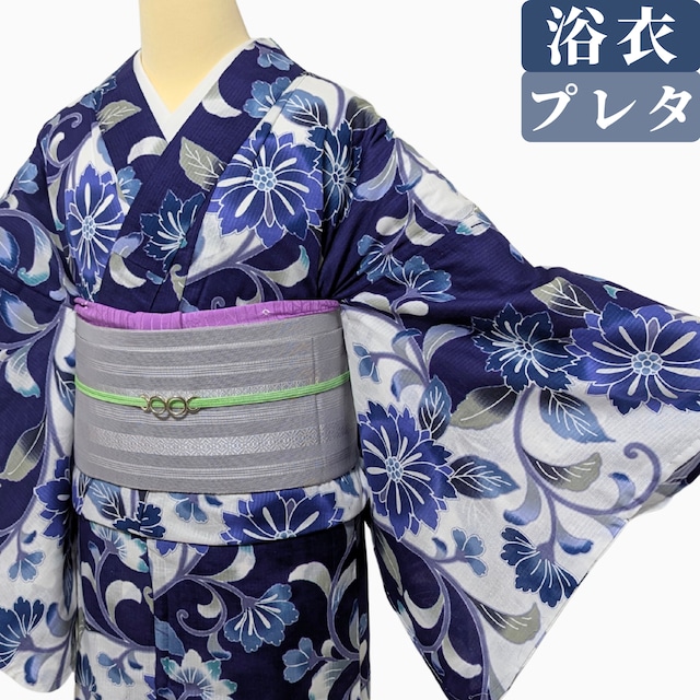【夏着物風にも楽しめる】未使用 プレタ浴衣 綿 バチ衿 花唐草 青紺 市田ひろみ 丈169裄68